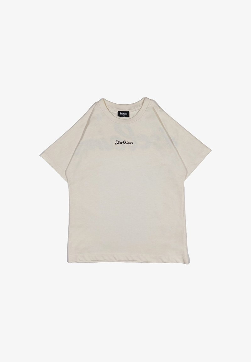 T-shirt in cotone color crema con una vestibilità relaxed, maniche corte e la parola "Disclaimer" ricamata in nero sulla parte anteriore.