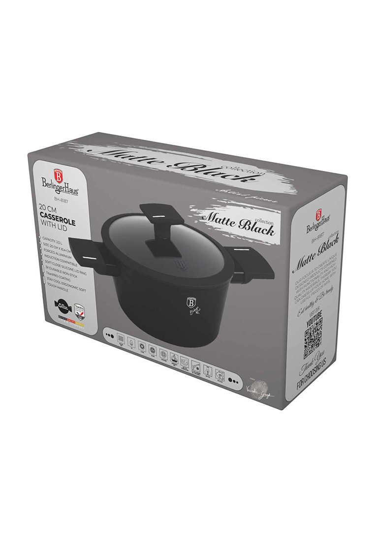 Matt schwarze 20 cm Kasserolle mit Deckel; aus Aluminium mit Silikondichtungsring; mit Soft-Touch-Griffen und Produktbranding.