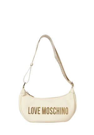 Schultertasche in Creme mit goldfarbenen "LOVE MOSCHINO"-Schriftzug und verstellbarem Riemen mit eingeprägtem Markenlogo.