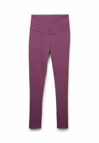 Leggings taille haute d'une couleur violet profond, fabriqués à partir d'un tissu lisse et extensible. Présentent un design élégant et ajusté sans motifs ni accents.