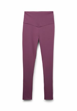 Leggings de cintura alta en un color púrpura profundo, hechos de una tela suave y elástica. Presentan un diseño ajustado y elegante sin patrones ni acentos.