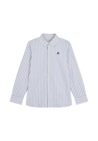 Camisa de botones a rayas en azul claro y blanco. Cuenta con mangas largas, un collar y un pequeño logo de calavera en navy en el pecho. Fabricada en algodón.