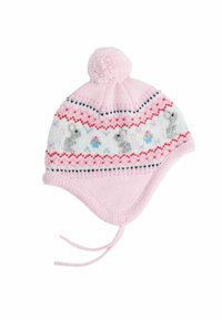 Cappello lavorato a maglia rosa con pompon, caratterizzato da un motivo fair isle con conigli e fiori, dotato di nastri per una vestibilità sicura sotto il mento.