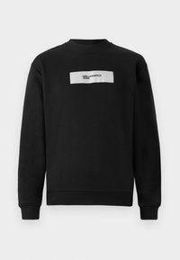 Čierna mikina vyrobená z bavlneného zmesi, s okrúhlym výstrihom, rebrovanými manžetami a bielou obdĺžnikovou grafikou s textom "KARL LAGERFELD JEANS".