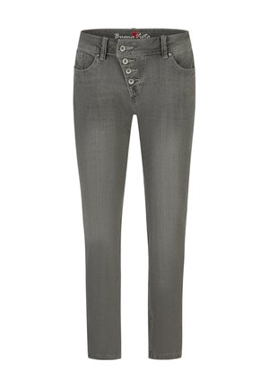 Gerade geschnittene graue Jeans mit vier schrägen vorderen Knöpfen, Gürtelschlaufen und Vordertaschen, innen am Bund mit dem Label Buena Vista versehen.