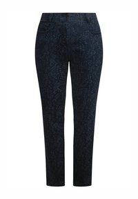 Mörka denimjeans med ett subtilt bladmönster, smal passform, fem fickor och knappstängning framtill. Tyget har en slät yta.