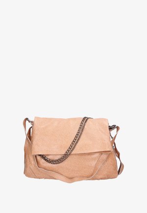 Light beige suede handbag with a fold-over flap, chain accent, and adjustable strap. The design features a soft texture and minimalistic shape.