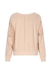 Maglione in beige chiaro con una schiena lavorata a maglia texturizzata e decorazioni in pizzo sulle maniche, caratterizzato da una vestibilità rilassata e polsini a coste.