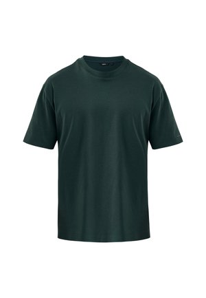 Camiseta de manga corta verde oscuro, fabricada en tejido suave, con un clásico escote redondo y un corte holgado, sin patrones ni acentos adicionales.