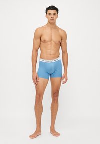 Boxeri din bumbac albastri cu un bandou elastic alb pe care este inscripționat textul "POLO RALPH LAUREN". Modelul stă pe un fundal alb simplu.