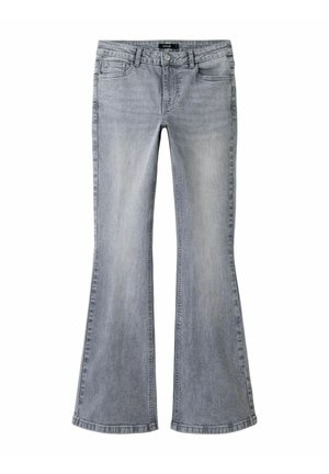 Jeans in denim grigio chiaro con gamba svasata, tasche anteriori, passanti per cintura e chiusura con bottone in vita.