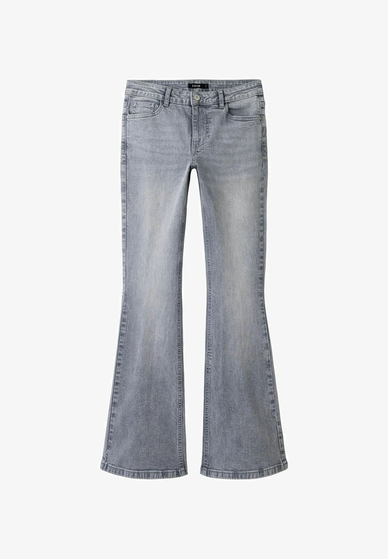 Gai pelēki džinsi ar paplašinātu kāju, priekšējiem kabatām, jostu cilpiņām un pogu aizdari jostasvietā.