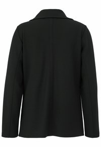 Schwarze Blazer mit glatter Textur, ausgestattet mit einem Reverskragen und langen Ärmeln. Schlichtes Design, ohne sichtbare Verschlüsse oder Verzierungen.