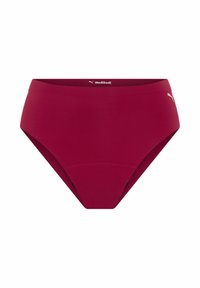 Culotte taille haute de couleur bordeaux, confectionnée en tissu extensible, avec une texture lisse et un logo blanc contrastant sur la ceinture.