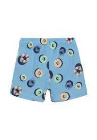 Simshorts i ljusblått med ett rutmönster, prydda med flerfärgade cirkulära mönster i marinblått, grönt, orange och ljusblå accenter.