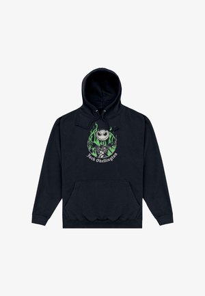 Sweat à capuche noir avec poche sur le devant, présentant un motif graphique d'un squelette souriant avec des accents de flammes vertes. Cordon de serrage à la capuche.