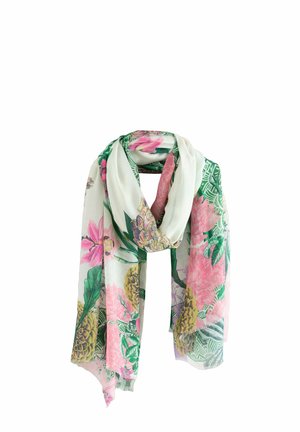 Floral scarf in light fabric featuring pink and yellow flowers, green leaves, and pineapples. Lightweight with a soft texture and flowing shape.