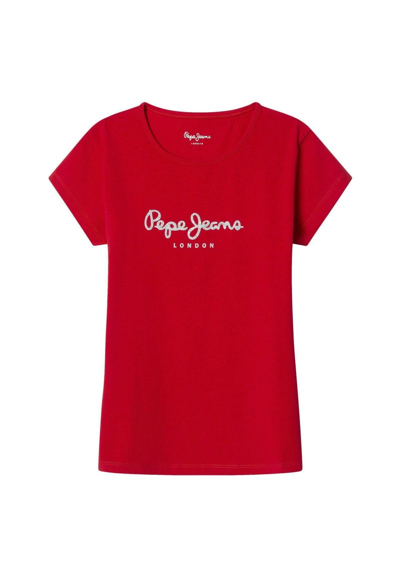 Raudonas trumpomis rankovėmis marškinėliai, pagaminti iš medvilnės, su apvaliu iškirpimu ir 'Pepe Jeans London' logotipu balta spalva per priekį.