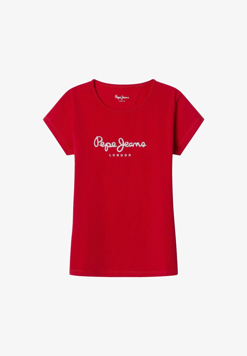 Raudonas trumpomis rankovėmis marškinėliai, pagaminti iš medvilnės, su apvaliu iškirpimu ir 'Pepe Jeans London' logotipu balta spalva per priekį.