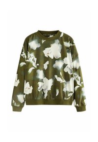 Oliwkowa bluza z białym kwiatowym wzorem. Posiada okrągły dekolt i długie rękawy z mankietami. Miękki, lekki materiał.