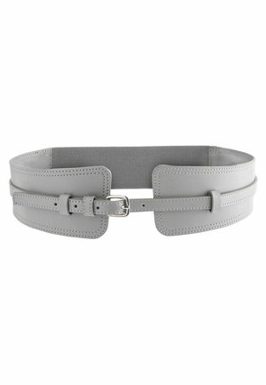 Ceinture large gris clair avec panneau arrière élastique et boucle avant avec plusieurs trous de réglage.