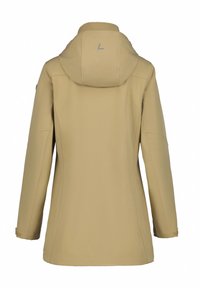 Helle beige, langärmlige Jacke mit Kapuze, aus einem glatten, wasserabweisenden Material und einem dezenten Logo auf der Rückseite.