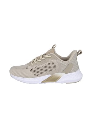 Zapatilla deportiva de color beige claro con parte superior de malla, cierre con cordones, cuello acolchado y suela texturizada blanca con acento beige.