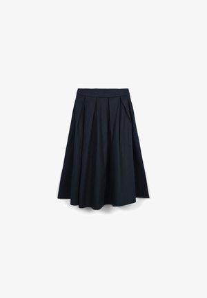 Jupe plissée navy en tissu lisse, dotée d'une taille ajustée et d'un ourlet fluide, offrant une silhouette à la fois structurée et décontractée.