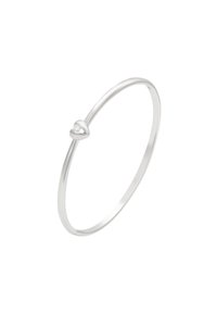 Bracciale in argento con un accento a forma di cuore e una piccola pietra preziosa trasparente. Finitura liscia e lucida; design elegante e minimalista.