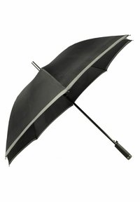 Crni kišobran s elegantnim zakrivljenim dizajnom, s metalnim rubom, crnom drškom i čvrstim metalnim okvirom. Glatka tekstura bez uzoraka.