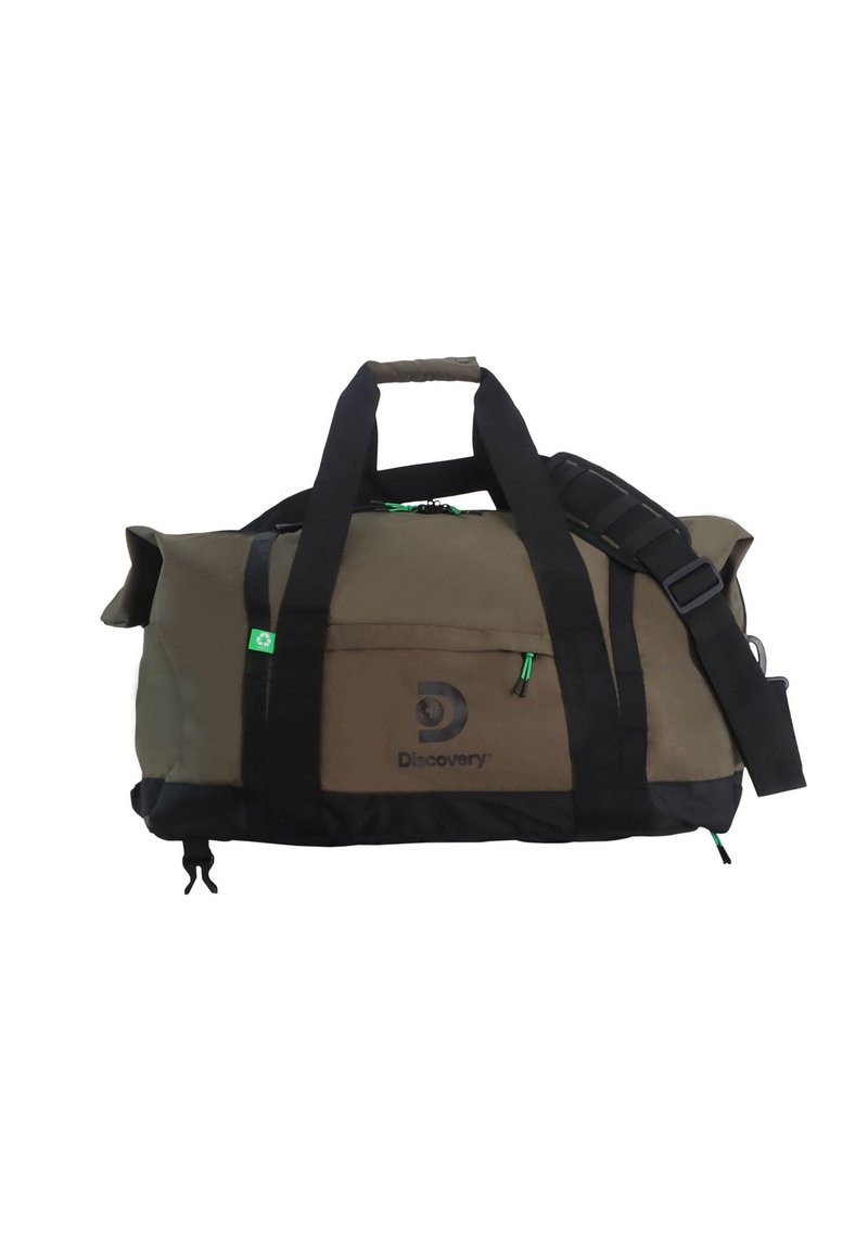 Bolsa de deporte en tejido verde oliva y negro, con múltiples correas, un bolsillo frontal con cremallera y detalles en verde.