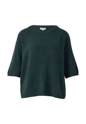 Dunkelgrüner, kurzärmeliger Strickpullover mit Rundhalsausschnitt und lockerer Silhouette. Weiche Textur mit gerippten Bündchen und Saum.