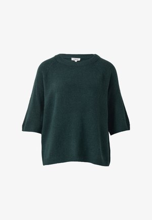 Tmavozelený pletený sveter s krátkym rukávom, oválnym výstrihom a voľným strihom. Mäkká textúra s rebrovanými manžetami a lemom.