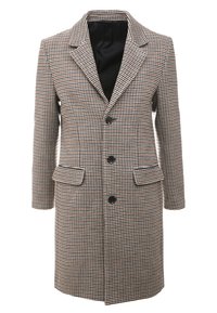 Abrigo a cuadros marrón, negro y blanco, de largo hasta la rodilla, con cuello de solapa, tres botones negros y dos bolsillos delanteros con solapa, forrado en negro.