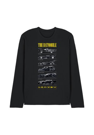 Black long-sleeve shirt with six side-view Batmobile designs in white and gray, yellow text "THE BATMOBILE" and Bat-symbols at the bottom.