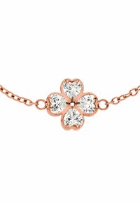 Armband aus roségold mit einem Design aus vierblättrigen Blumen. Jedes Blatt hat einen herzförmigen klaren Stein, der mit Krallen befestigt ist. Die Kettenglieder sind zart.