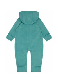 Ein türkiser Fleece-Overall mit Kapuze, der lange Ärmel, abgeschlossene Knöchel und eine glatte Textur hat. Einfaches Design ohne zusätzliche Akzente.