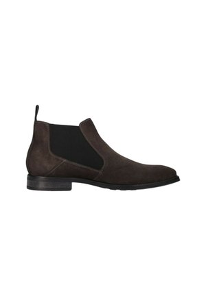 Dunkelbrauner Wildleder-Chelsea-Stiefel mit schwarzem elastischem Seitenpanel, Zuglasche hinten, niedrigem geschichtetem Absatz und abgerundetem Zehenbereich.