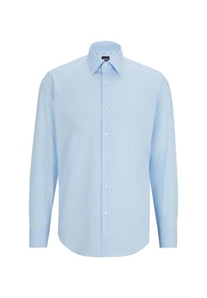 Chemise de dress bleu clair à manches longues, en tissu lisse, dotée d'une fermeture à boutons, d'un col pointu et d'une coupe classique.