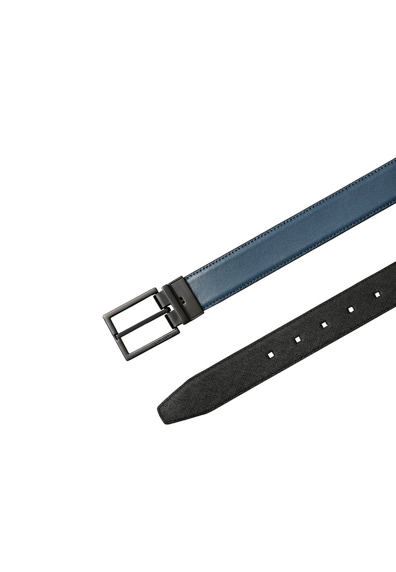 Reversible leather belt with a black textured side and a smooth blue side, featuring a black rectangular metal buckle.