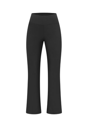 Zwarte uitlopende broek van rekbaar materiaal, met een hoge tailleband en een gladde textuur, zonder zichtbare patronen of versieringen.