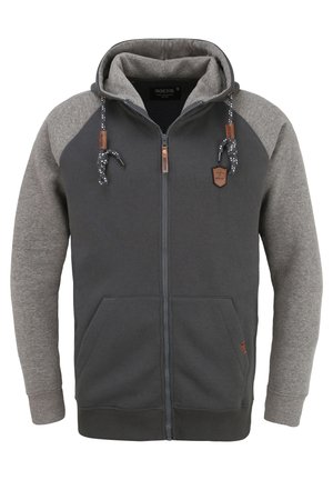 Hanorac cu glugă, cu fermoar în față, corp gri închis, mâneci gri deschis, țesătură texturată, design cu două tonuri, cu accente decorative din piele.