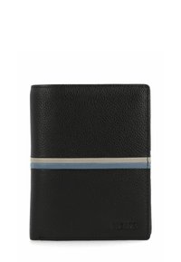 Cartera de cuero negro con superficie texturizada, una franja horizontal en gris claro y azul, y marca en relieve en la esquina inferior derecha.