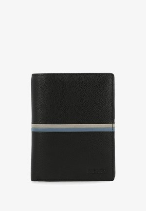 Schwarze Lederbrieftasche mit strukturierter Oberfläche, einem horizontalen hellgrauen und blauen Streifen sowie eingeprägtem Branding in der unteren rechten Ecke.