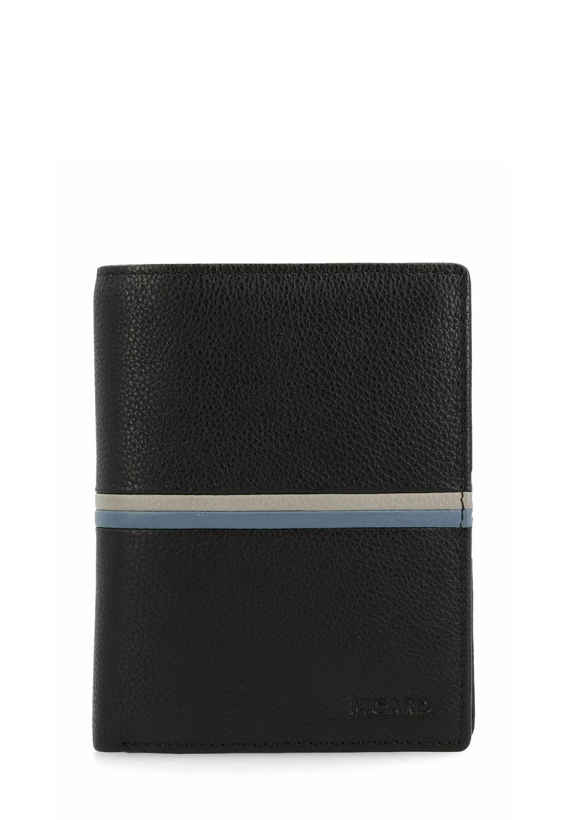 Cartera de cuero negro con superficie texturizada, una franja horizontal en gris claro y azul, y marca en relieve en la esquina inferior derecha.