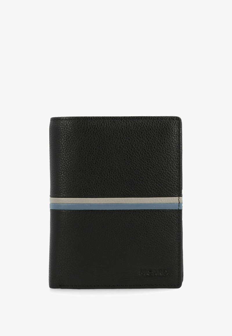 Cartera de cuero negro con superficie texturizada, una franja horizontal en gris claro y azul, y marca en relieve en la esquina inferior derecha.