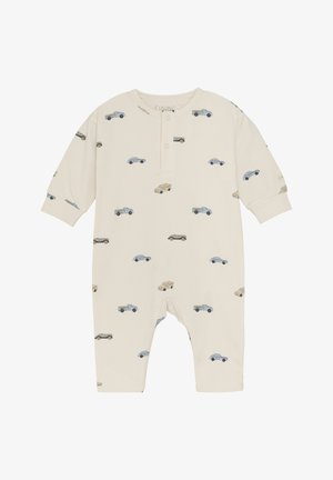 Combinaison pour bébé de couleur crème avec manches longues, dotée d'une patte de boutonnage et d'un motif répété de petites voitures illustrées de différentes couleurs.