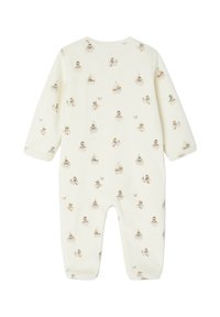 Cremfarbener Baby-Overall mit langen Ärmeln, dekoriert mit einem wiederholten Muster kleiner Bären in Booten und beim Rudern.