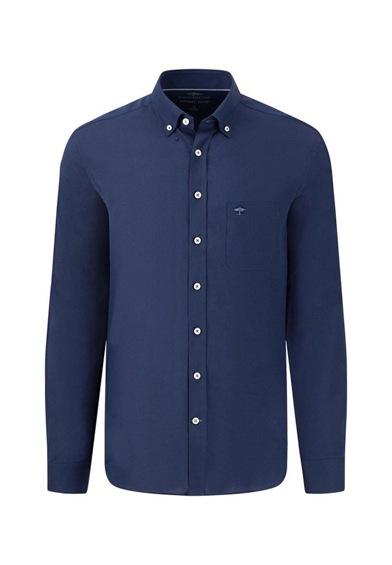 Camicia button-up blu navy con maniche lunghe, colletto, tasca frontale e bottoni bianchi. Realizzata in cotone, con un piccolo dettaglio del logo.