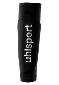 Sort sportskinsbeskytter med et strækbart stof, der har et fremtrædende hvidt "uhlsport" logo, strømlinet form og elastisk øverste kant.